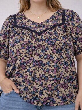 Reitmans Floral Blouse XXL Boho Cottagecore Short Sleeve Top Purple Blue Beige